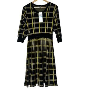 NWT Nina Leonard Black Yellow Plaid Dress XL Fit and Flare 3/4 Sleeve Knit